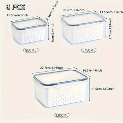 Food Storage Containers Set 6pcs BPA Free Plastic with Drain Baskets and Lids Leak Proof Freezer Safe Reusable for Fruits Vegetables Meal Prep Kitchen Organizer