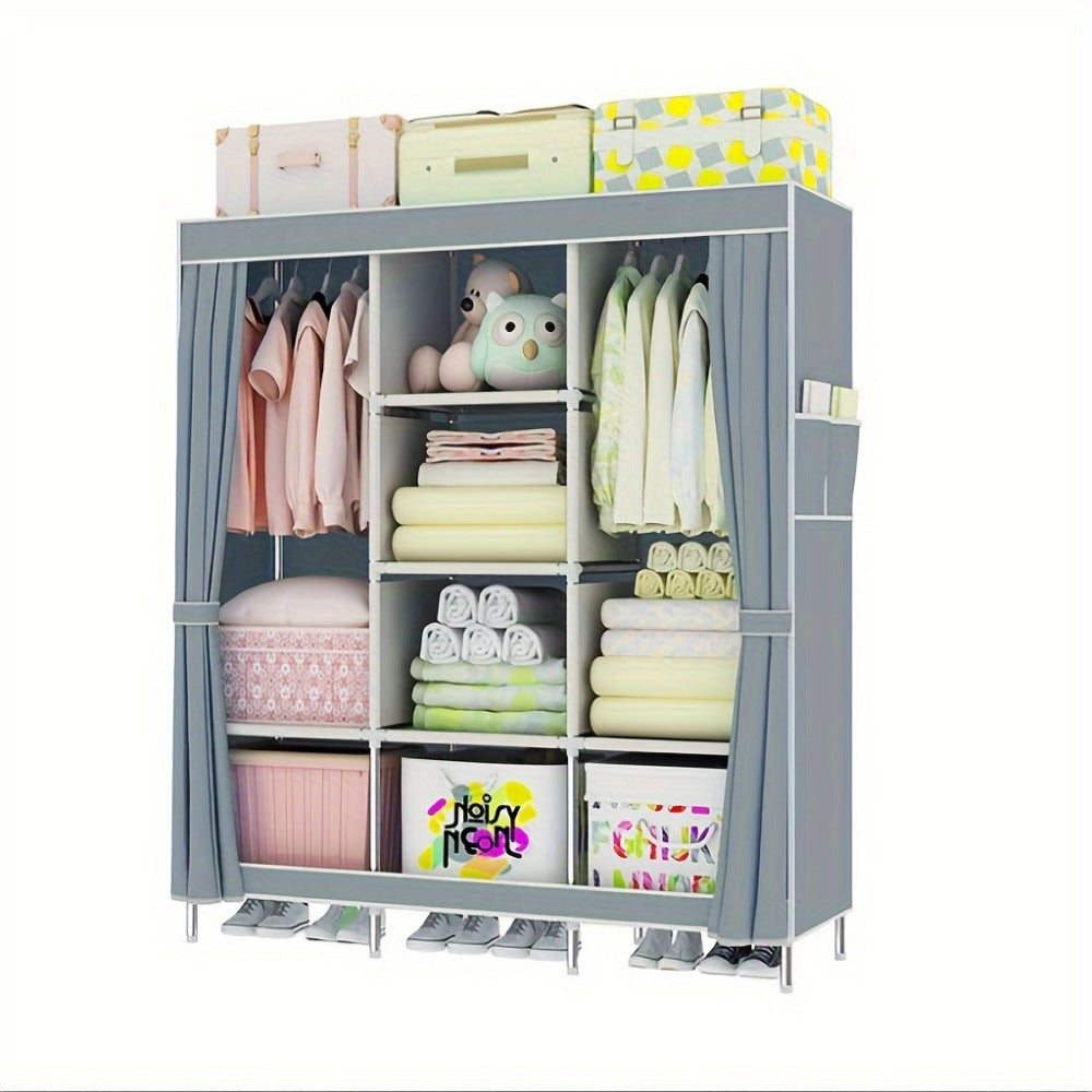 Portable Wardrobe Closet with Steel Frame & Non-Woven Shelves – Dustproof Clothes Storage Organizer, Visible Grid Sections, 67x17.7x50.4 Inch Bedroom Wardrobe for Shoes, Clothes & Accessories
