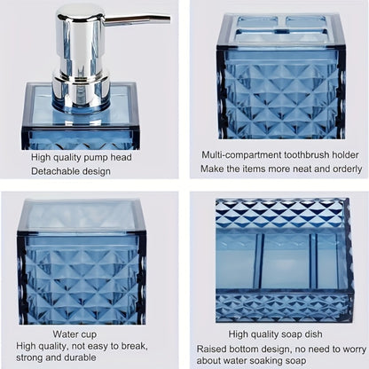Bathroom Accessories Set 4-Piece Diamond Grid Plastic Organizer Soap Dispenser Toothbrush Holder Grey Blue Green