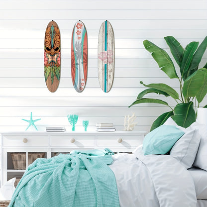 Wooden Surfboard Wall Art 15.74" – Rustic Tropical Beach Decor with Hibiscus & Tiki Mask Design, Frameless Recycled Wood Wall Hanging for Hawaiian Bar, Home, Summer & Vacation Theme Decor