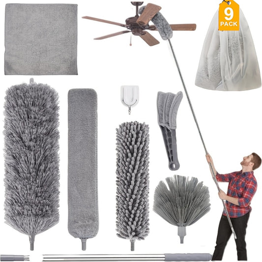 Microfiber Duster Kit with 100 Inch Extension Pole Extendable Bendable Washable Feather Duster for High Ceiling Fan Cobweb Blinds Furniture Car 9 Pack 12 Pack