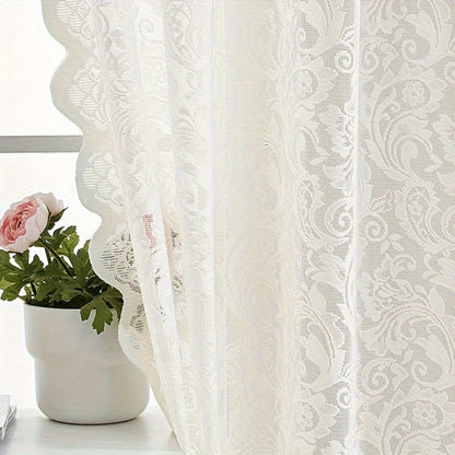 Sheer Curtain Rod Pocket Floral Lace Semi-Sheer Window Panel for Living Room Bedroom Kitchen Bathroom, 100% Polyester, Machine Washable, White Light Green Coffee