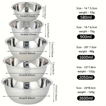 Stainless Steel Mixing Bowl Set 5-Pack with Measurement Markings for Kitchen Cooking Baking Salad Vegetable Washing Fruit Serving & Meal Prep – Stackable Nesting Bowls
