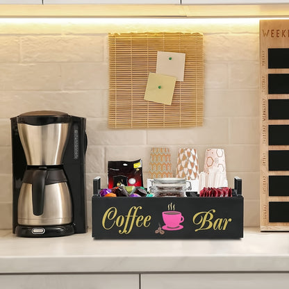 Coffee Bar Organizer Wooden Farmhouse Style - Rustic COFFEE BAR Sign Storage Tray for Pods Sugar Creamer Accessories, Waterproof Rectangular Countertop Organizer for Kitchen Coffee Station Decor