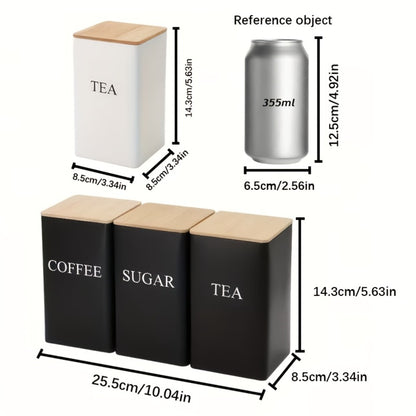 3-Piece Metal Kitchen Canister Set with Wooden Lids – Coffee Tea Sugar Storage Jars, Airtight Kitchen Organizer Tins, Black or White Home Decor Gift Set
