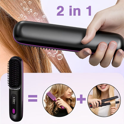 Cordless Hair Straightening Brush – Mini Rechargeable Portable Straightener Comb for Travel Daily Styling, Fast Heating Anti-Scald Frizz Control for All Hair Types, Black & White