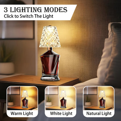 Wireless Wine Bottle Lamp – USB Rechargeable Acrylic Crystal Shade, 3-Color Touch Control Smooth Dimming, 2000mAh Cordless Bottle Light for Bar Decor, Home, Kitchen, Party & Table Ambiance (1pc / 2pcs)