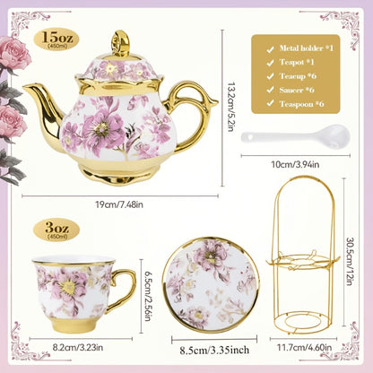 20-Piece Floral Ceramic Tea Set with Saucers & Metal Stand | European Afternoon Tea Service, Blooming Design, Complete Tea Accessories, Gift for Tea Lovers