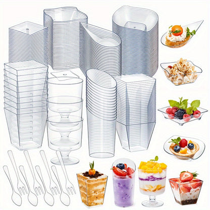 Disposable Tableware Set 400pcs Clear Dessert Plates Cups Forks Spoons Party Supplies for Festival Birthday Wedding Home Includes 100 Each Plates Cups Forks Spoons