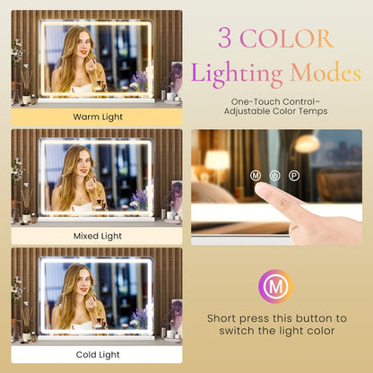 LED Vanity Mirror with Lights – Dimmable 3 Color Modes, Memory Function, USB Port & Aluminum Frame for Bathroom, Bedroom & Desk Makeup Mirror, 13x17 / 22x19 / 32x22 in