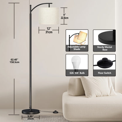 Floor Lamp for Living Room - Industrial Standing Lamp with 3 Color Temperatures, 9W LED Bulb & Beige Lampshade Included, Tall Reading Floor Lamp for Bedroom Office, Black