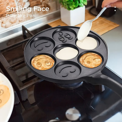 Non-Stick Pancake Pan 7-Hole Smiley Face – Fun Breakfast Egg & Bacon Frying Tray for Kids & Family, Easy to Clean, Mini Pancake Maker Baking Pan Kitchen Cooking Tool