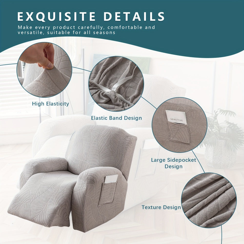 Recliner Chair Cover Slipcover 4-Piece Set – Leaf Jacquard Stretch Furniture Protector with Storage Pocket, Non-Slip Recliner Sofa Cover for Living Room, Machine Washable, 6 Colors Available