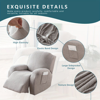 Recliner Chair Cover Slipcover 4-Piece Set – Leaf Jacquard Stretch Furniture Protector with Storage Pocket, Non-Slip Recliner Sofa Cover for Living Room, Machine Washable, 6 Colors Available