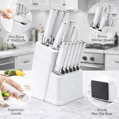 13-Piece Kitchen Knife Set with Block, Chef Bread Steak Knives Scissors Stainless Steel Colorful Cutlery Gift Set with Knife Holder