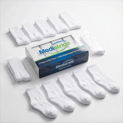 Multicolor Diabetic Crew Socks 12 Pairs Cotton Non-Binding Neuropathy Seamless Cushioned Loose Fit for Men Women Sensitive Feet Edema White Black Grey Size 9-11 10-13
