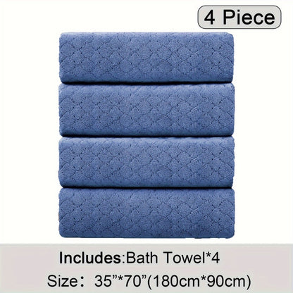 Oversized Bath Towel Set 4 Piece Diamond Pattern Microfiber - Ultra Soft Highly Absorbent Quick Dry | 10 Colors | Blue Green Black Gray Navy Orchid Brown Purple White Turquoise | Bathroom Hotel Gym Gift