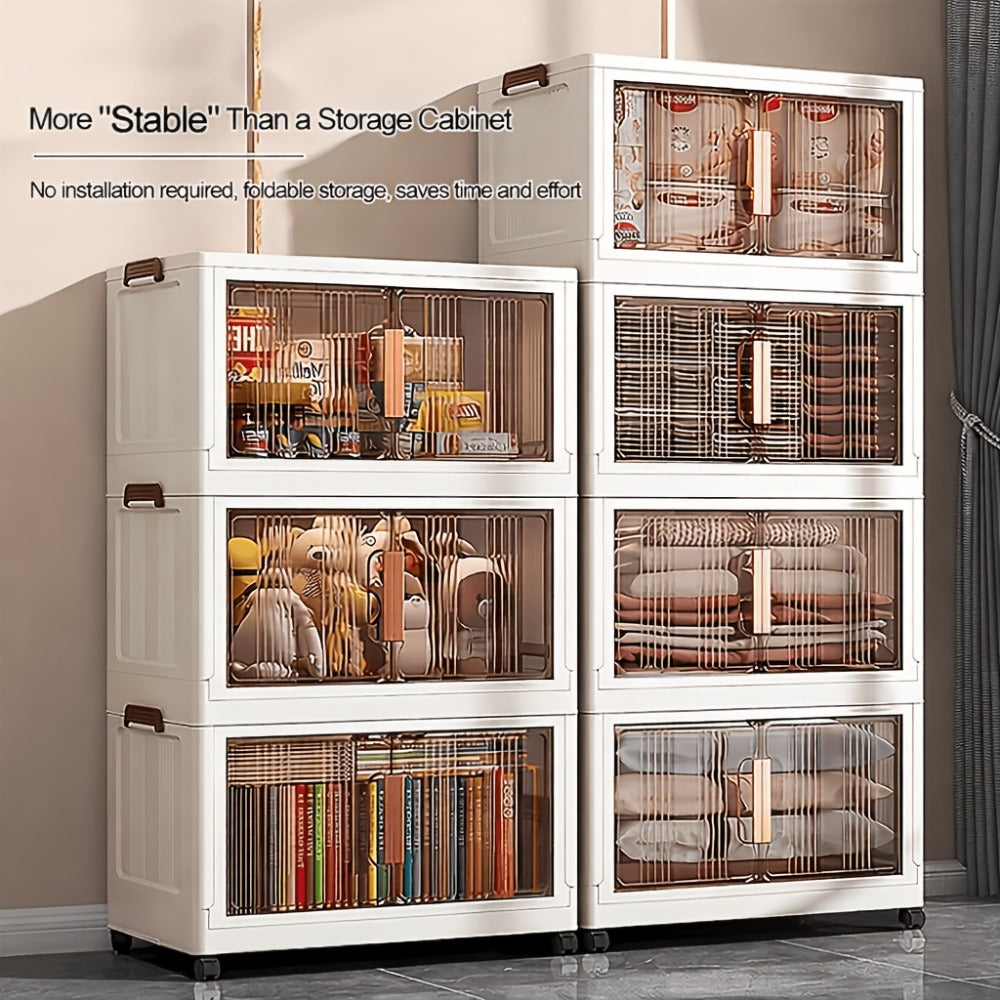Folding Storage Cabinet with Wheels, 3/4/5-Tier Stackable Plastic Storage Bins with Lids & Magnetic Doors, Foldable Large Organizer with 360° Lockable Wheels for Home Office Kitchen Bathroom Garage