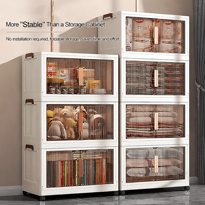 Folding Storage Cabinet with Wheels, 3/4/5-Tier Stackable Plastic Storage Bins with Lids & Magnetic Doors, Foldable Large Organizer with 360° Lockable Wheels for Home Office Kitchen Bathroom Garage