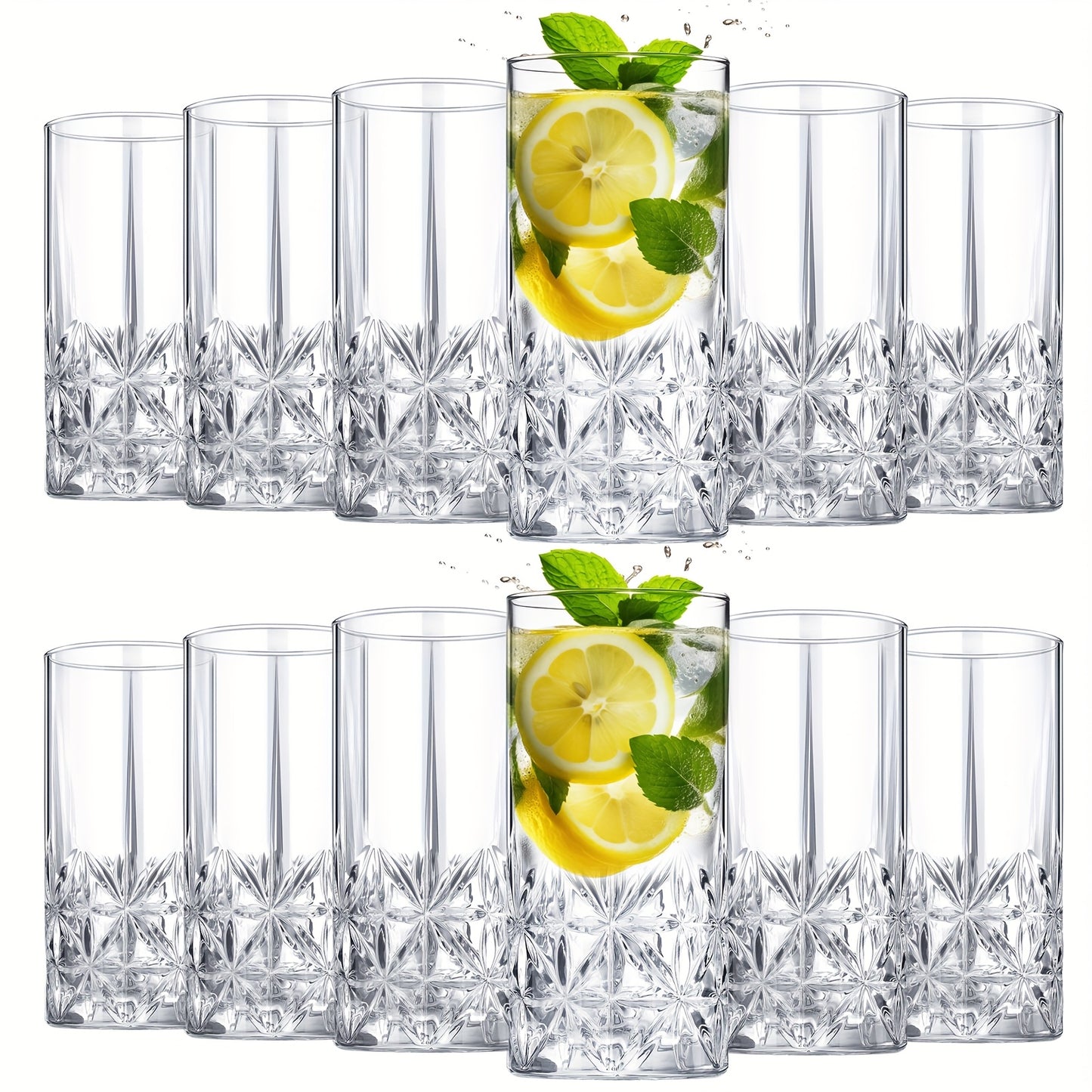 Highball Glasses Set of 12 - 12oz Crystal Clear Vintage Textured Tall Drinking Glasses, Dishwasher Safe Designer Glassware for Cocktail, Tea, Water, Beer & Soda