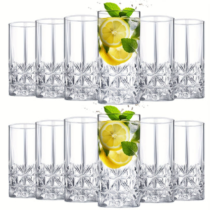 Highball Glasses Set of 12 - 12oz Crystal Clear Vintage Textured Tall Drinking Glasses, Dishwasher Safe Designer Glassware for Cocktail, Tea, Water, Beer & Soda
