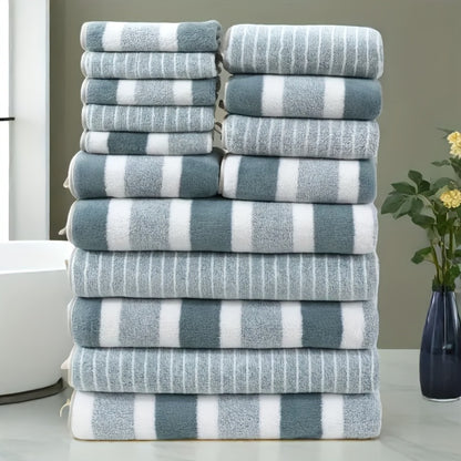Coral Fleece Towel Set 9 or 15 Piece No Hair Loss 320GSM - Super Soft Absorbent Two-Color Striped | 2 Bath 2 Face 5 Hand Towels | Gray Brown Red Green Blue Mixed | Bathroom Beach Essentials