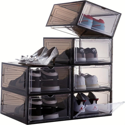 Clear Shoe Organizer Box 6-Pack, Stackable Shoe Storage with Magnetic Door, Dustproof Sneaker Display Case for Women & Men, Front-Loading Large Plastic Closet Shoe Rack for Boots & Hats