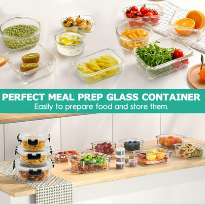 Borosilicate Glass Food Storage Containers Set – 10/12/17pcs Airtight Meal Prep Bento Boxes with Locking Lids, BPA Free, Microwave & Dishwasher Safe, Leak Proof, Mixed Colors