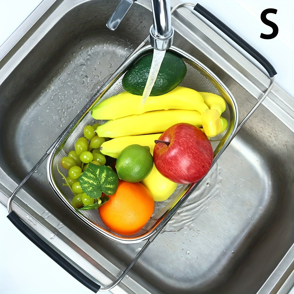 Expandable Sink Colander Stainless Steel – Over the Sink Strainer Basket with Fine Mesh & Rubber Grip, Adjustable Kitchen Drain Strainer for Vegetables, Fruits & Pasta, Small & Large Size