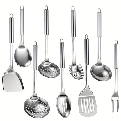 Stainless Steel Cooking Utensil Set 9 Piece for Nonstick Cookware – 304 Grade, Heat Resistant Ergonomic Handles, Dishwasher Safe, Space Saving Kitchen Tools with Hanging Holes for Home & Professional Chefs