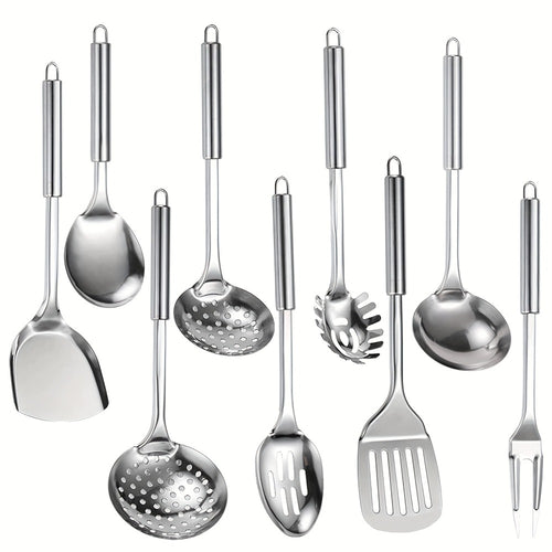Stainless Steel Cooking Utensil Set 9 Piece for Nonstick Cookware – 304 Grade, Heat Resistant Ergonomic Handles, Dishwasher Safe, Space Saving Kitchen Tools with Hanging Holes for Home & Professional Chefs