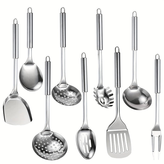 Stainless Steel Cooking Utensil Set 9 Piece for Nonstick Cookware – 304 Grade, Heat Resistant Ergonomic Handles, Dishwasher Safe, Space Saving Kitchen Tools with Hanging Holes for Home & Professional Chefs