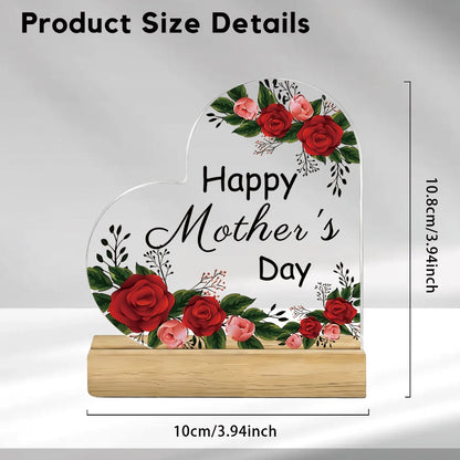 Mother's Day Heart-Shaped Acrylic Sign with Wooden Base | Floral Desktop Ornament for Home Living Room Bedroom | Heartwarming Mom Gift for Mother's Day Celebration Table Decor