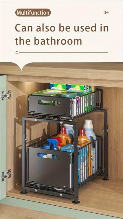 Under Sink Organizer 2-Tier Pull Out - Adjustable Height Carbon Steel Cabinet Storage Shelf for Kitchen and Bathroom, Space Saving Sliding Drawer Rack for Cleaning Supplies Pots and Toiletries, Heavy Duty Under Cabinet Organizer Available in 1 or 2 Pack