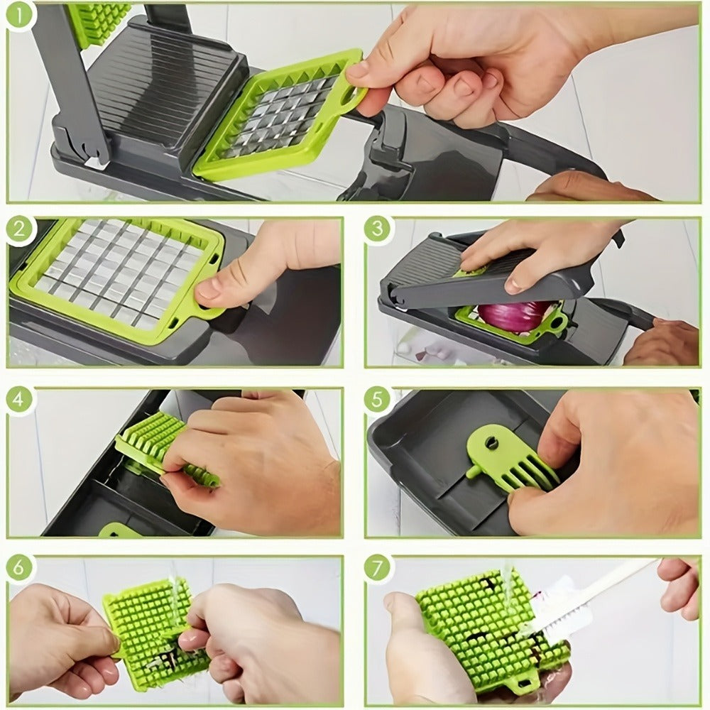 Vegetable Chopper 16-in-1 Manual Food Chopper Set – 8 Stainless Steel Blades, 304 Container, Peeler & Filter | Onion, Garlic & Carrot Slicer Dicer | Professional Kitchen Meal Prep Tool