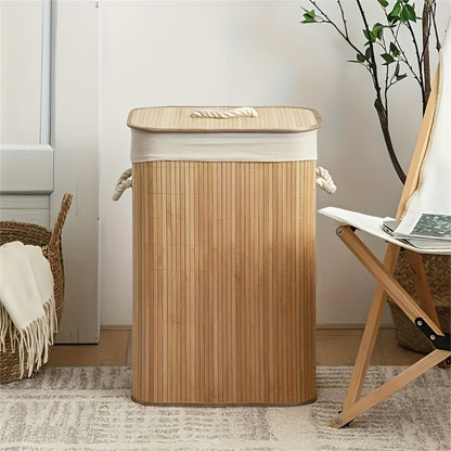 Collapsible Laundry Basket Bamboo Foldable Rattan Clothes Hamper - Space Saving Rectangular Storage Bin for Bedroom, Dorm Room & Bathroom, No Tools Assembly, Upgrade & Standard Models Available