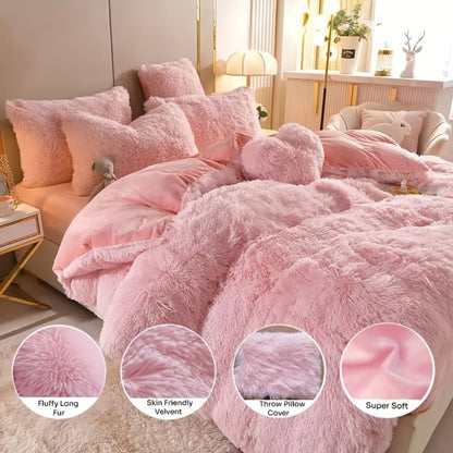Faux Fur Duvet Cover Set Twin Queen King Super Soft Plush Comforter Cover with Pillowcases Heart Pillow for Kids Teens Machine Washable Bedroom Decor