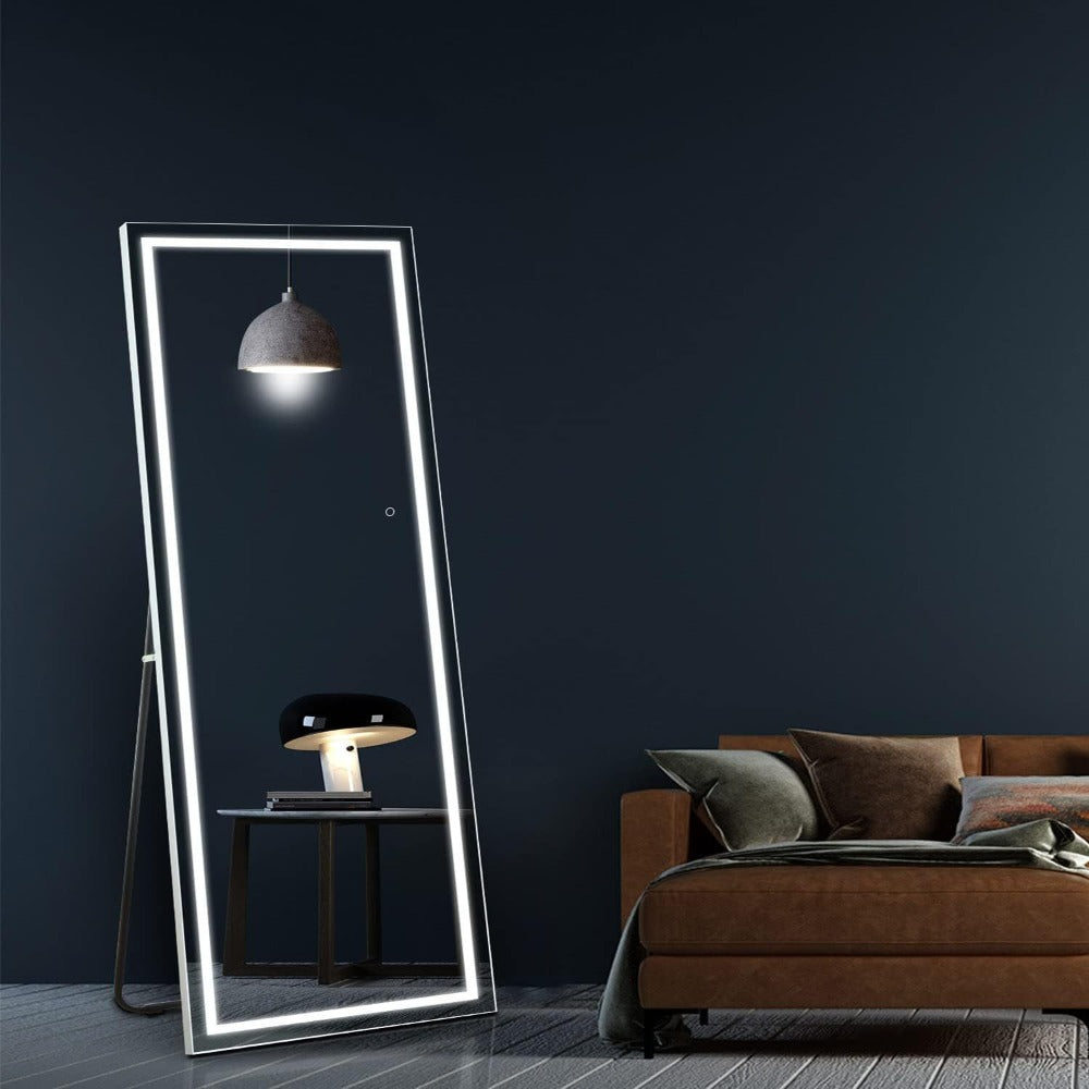 Full Length Mirror with LED Lights & Touch Sensor – 64"x21" Dimmable Smart Floor Mirror, Wall Mount or Freestanding, Slim Modern Frame for Bedroom, Vanity & Dressing Room