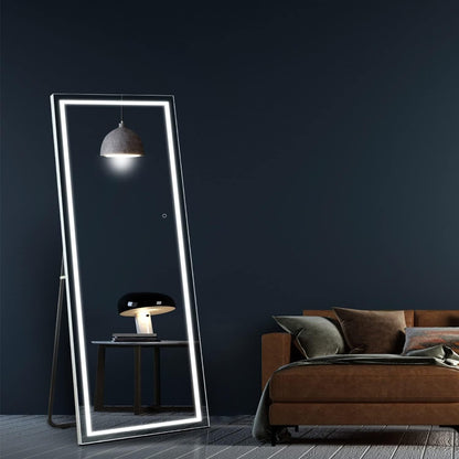 Full Length Mirror with LED Lights & Touch Sensor – 64"x21" Dimmable Smart Floor Mirror, Wall Mount or Freestanding, Slim Modern Frame for Bedroom, Vanity & Dressing Room