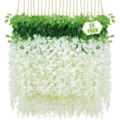 Artificial Wisteria Hanging Flowers 24 Pack - 3.6 Ft Fake Silk Wisteria Vine Garland for Wedding Arch, Garden, Wall & Party Decoration, Available in White, Pink, Blue, Purple & Light Pink