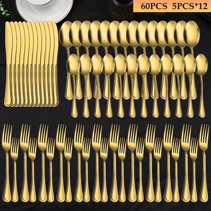 84-Piece Golden Cutlery Set Service for 12 | Knife Fork Spoon Set for Family Gatherings Camping BBQ Kitchen Utensils