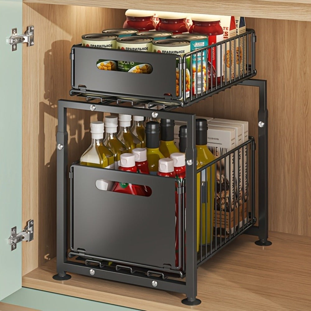 Under Sink Organizer 2-Tier Slide Out Pull Out Drawer Metal Basket Height Adjustable - Under Sink Cabinet Organizer for Kitchen Bathroom Storage, Sliding Shelf Rack for Cleaning Supplies Toiletries