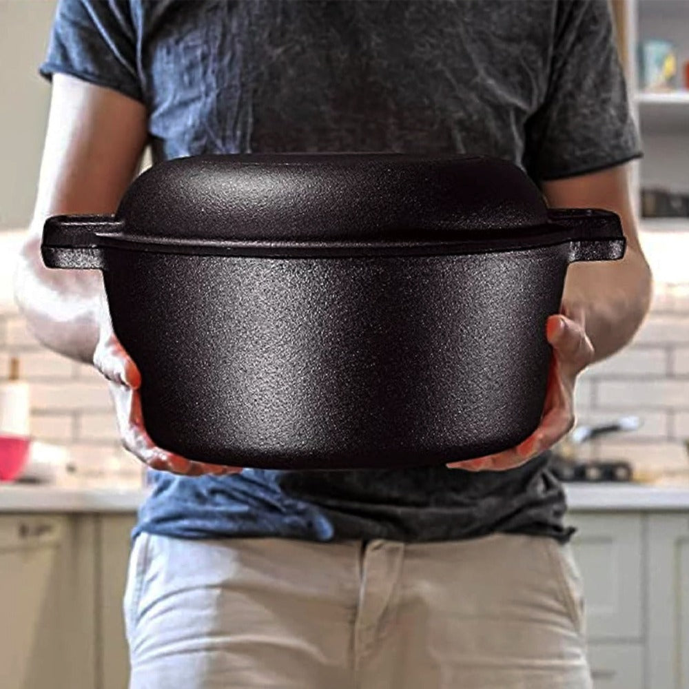 Cast Iron Dutch Oven Set – 6.1QT Deep Pot + 1.9QT Frying Pot, 2-in-1 Cookware with Silicone Handles, Iron Frame & Scraper, Oven, Stovetop, Induction & BBQ Compatible, 6-Pack Bundle