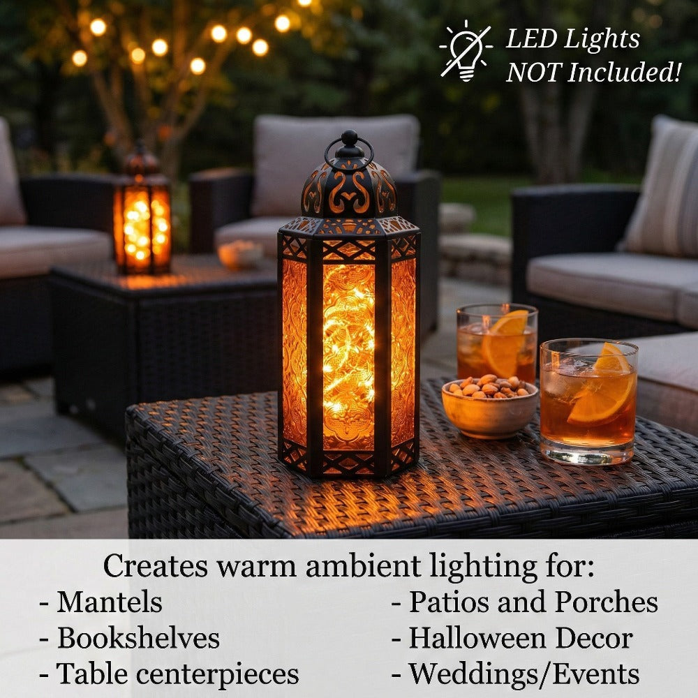 Moroccan Candle Lantern Holder - Decorative Metal & Glass Lantern with Embossed Floral Design for Indoor Home Decor, Garden, Patio, Weddings, Ramadan, Halloween & Holiday Celebrations - 10.5" Tall Medium Size