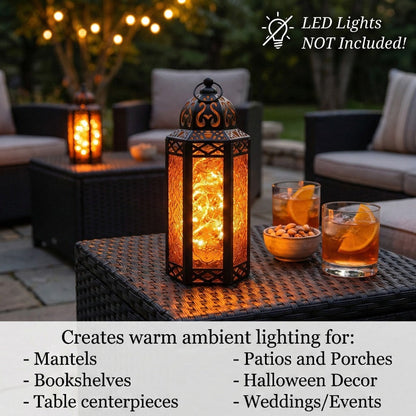 Moroccan Candle Lantern Holder - Decorative Metal & Glass Lantern with Embossed Floral Design for Indoor Home Decor, Garden, Patio, Weddings, Ramadan, Halloween & Holiday Celebrations - 10.5" Tall Medium Size