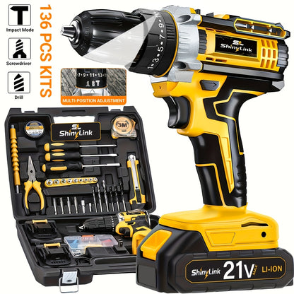 21V Cordless Drill Set Electric Drill Driver Kit with Lithium Battery Screwdriver Bits Hand Tools Toolbox for Home Repair DIY 18 30 136 Piece Kit Gift for Men