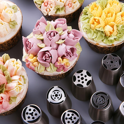 Russian Piping Nozzle Set 121pcs, 12 Flower Icing Tips, 2 Leaf Piping Tips, 2 Couplers and 100 Piping Bags, Cake Decorating Tools for Cupcake Cookie Frosting, Baking Supplies for Home and Professional Bakers