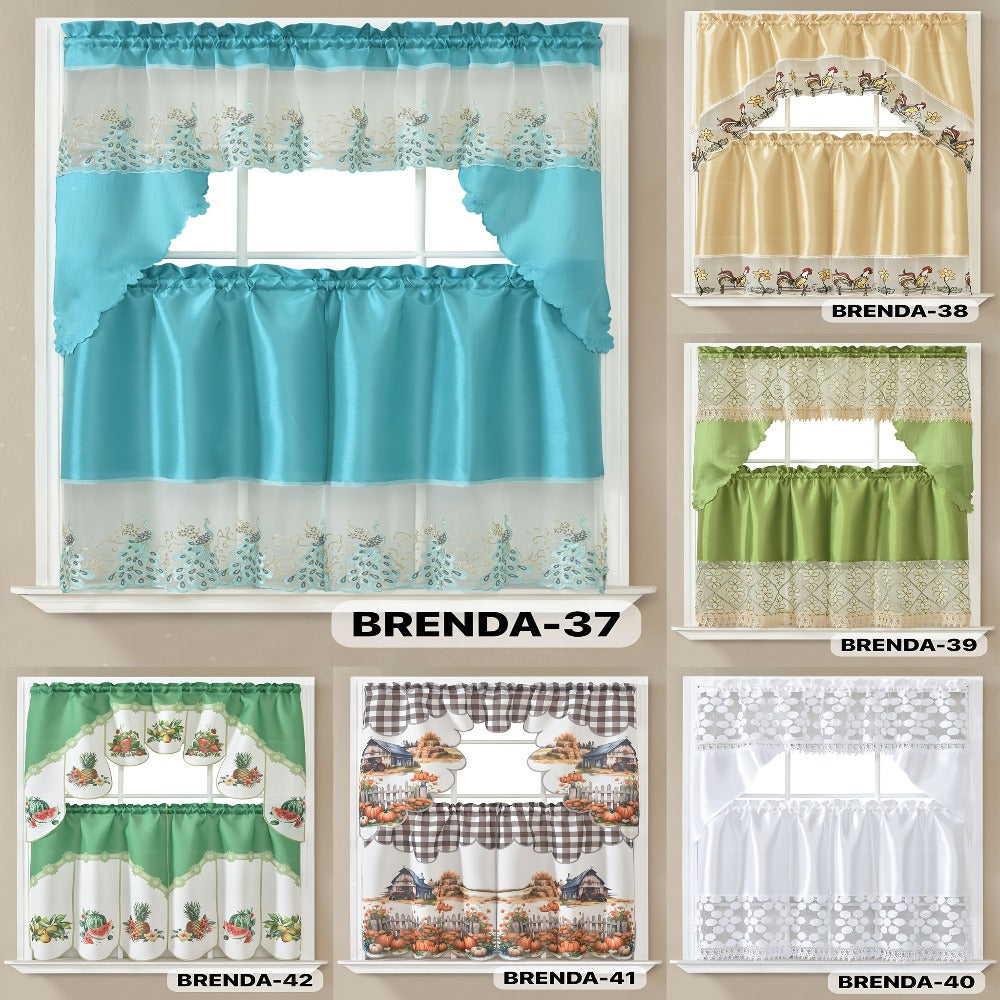 Kitchen Curtains 3 Piece Set Embroidered Satin Valance and Tiers - Rod Pocket Light Filtering Machine Washable 46 Colors Available All Season Home Decor