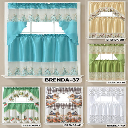Kitchen Curtains 3 Piece Set Embroidered Satin Valance and Tiers - Rod Pocket Light Filtering Machine Washable 46 Colors Available All Season Home Decor