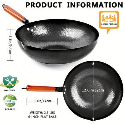 Carbon Steel Wok Set with Lid & Accessories – 14-Piece Non-Stick Stir Fry Pan 12.6" for Gas Electric Induction All Stoves | Wok Pan with Spatula Brush Ring Utensils Kitchen Cooking Set